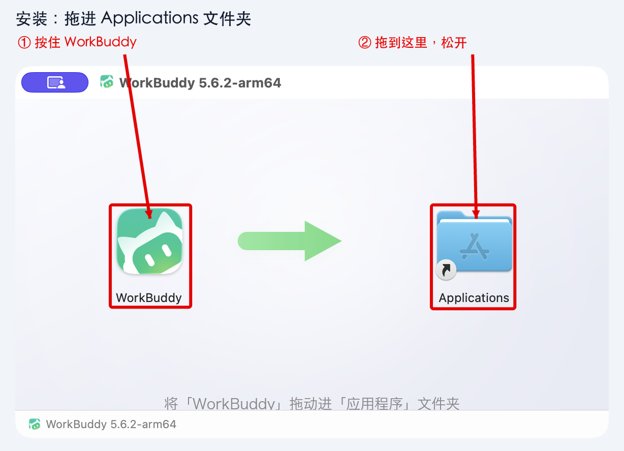 图 1-2：完整安装窗口，左侧 WorkBuddy 拖入右侧 Applications